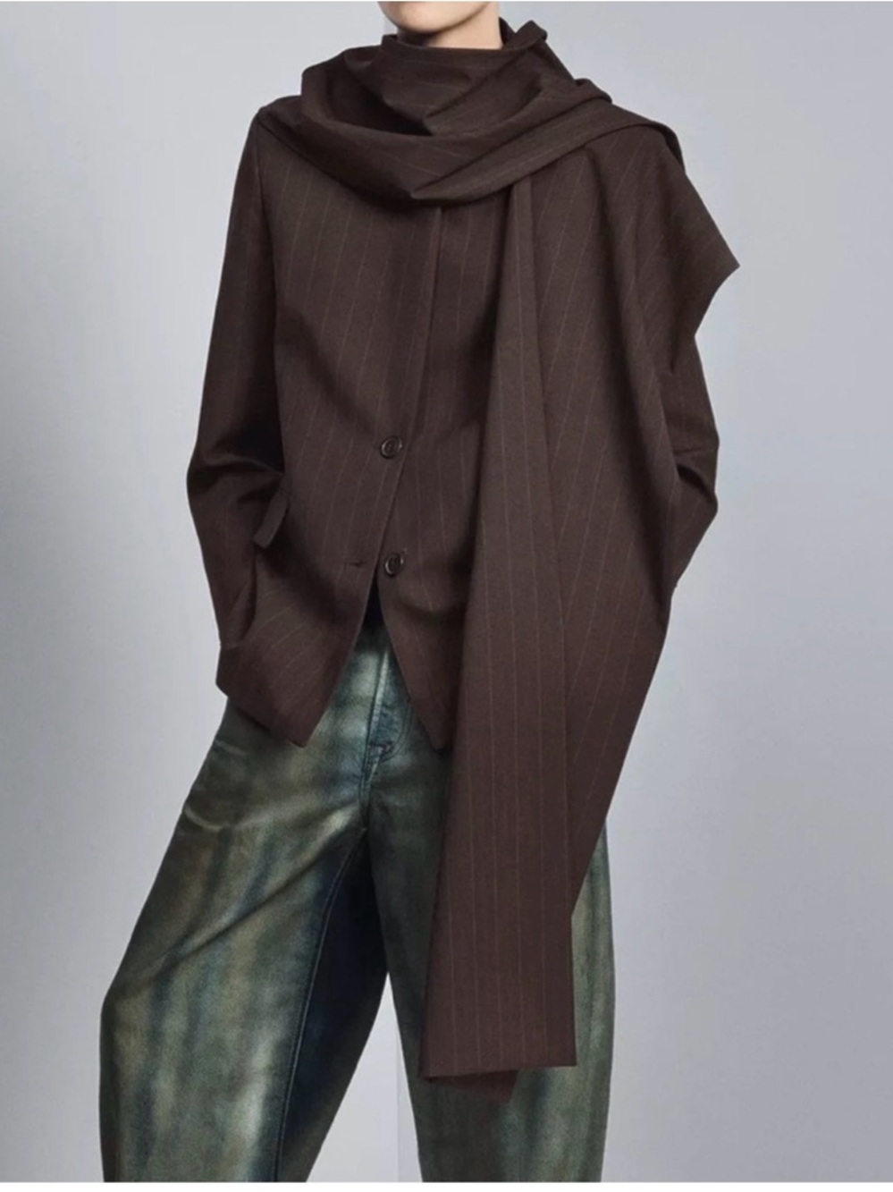 Zara Dark Brown Pinstripe Draped Shawl Blazer